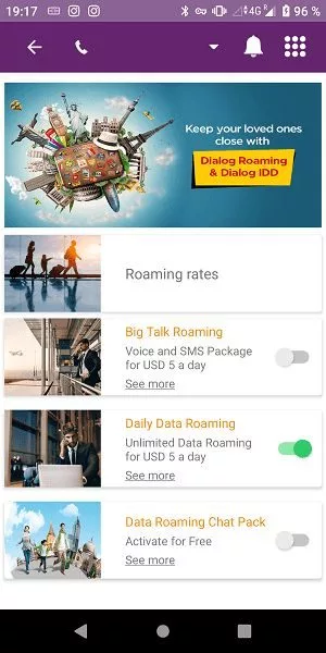 Das Data-Roaming kann auch über die Dialog App gebucht werden.