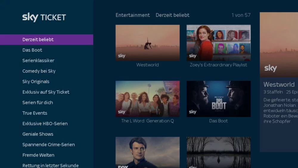 Sky Ticket TV Stick Entertainment Inhalte nach Kategorie