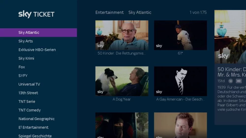 Sky Entertainment Inhalte nach Sender