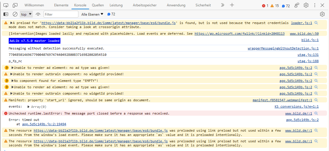 Screenshot der Entwicklerconsole