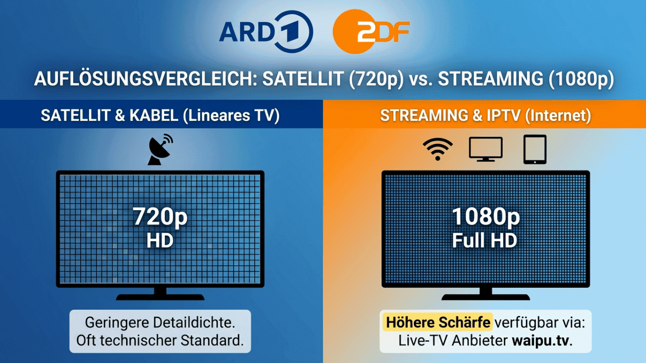 Infografik: Auflösungsvergleich ARD und ZDF über Satellit (720p) versus Streaming (1080p)