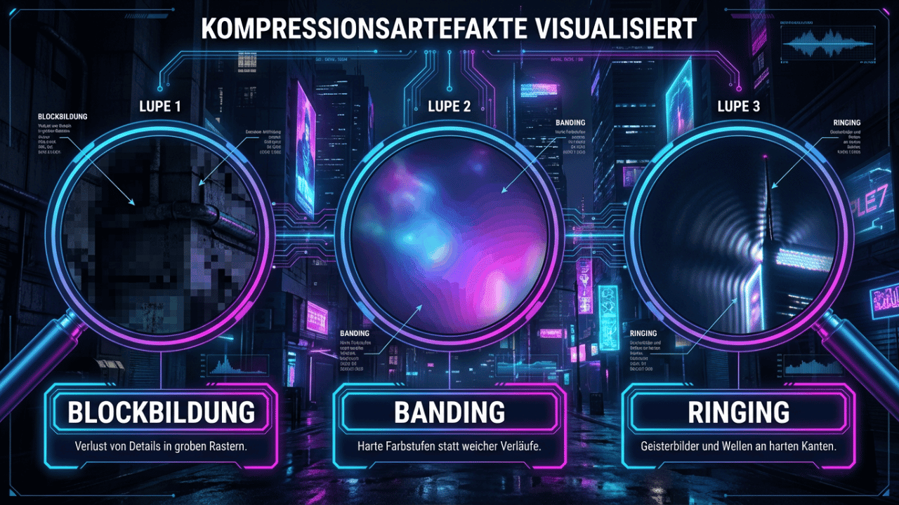 Infografik: Typische Kompressionsartefakte bei zu niedriger Bitrate – Blockbildung, Banding und Ringing