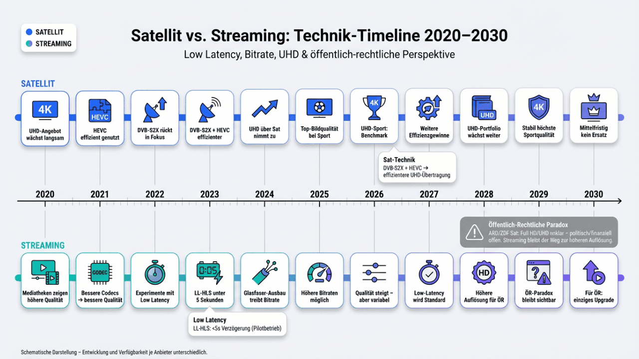 Timeline: Technologische Entwicklung von Satellitenfernsehen und TV-Streaming von 2020 bis 2030
