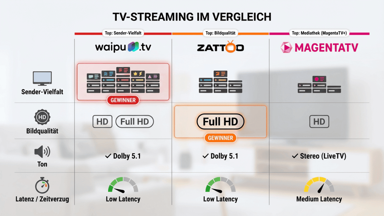 Vergleichstabelle: waipu.tv, Zattoo und MagentaTV im direkten Feature-Vergleich