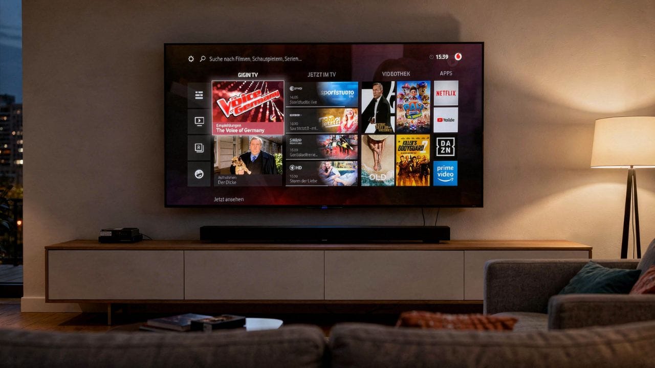 GigaTV Oberfläche mit Senderübersicht und Mediatheken auf dem Fernseher